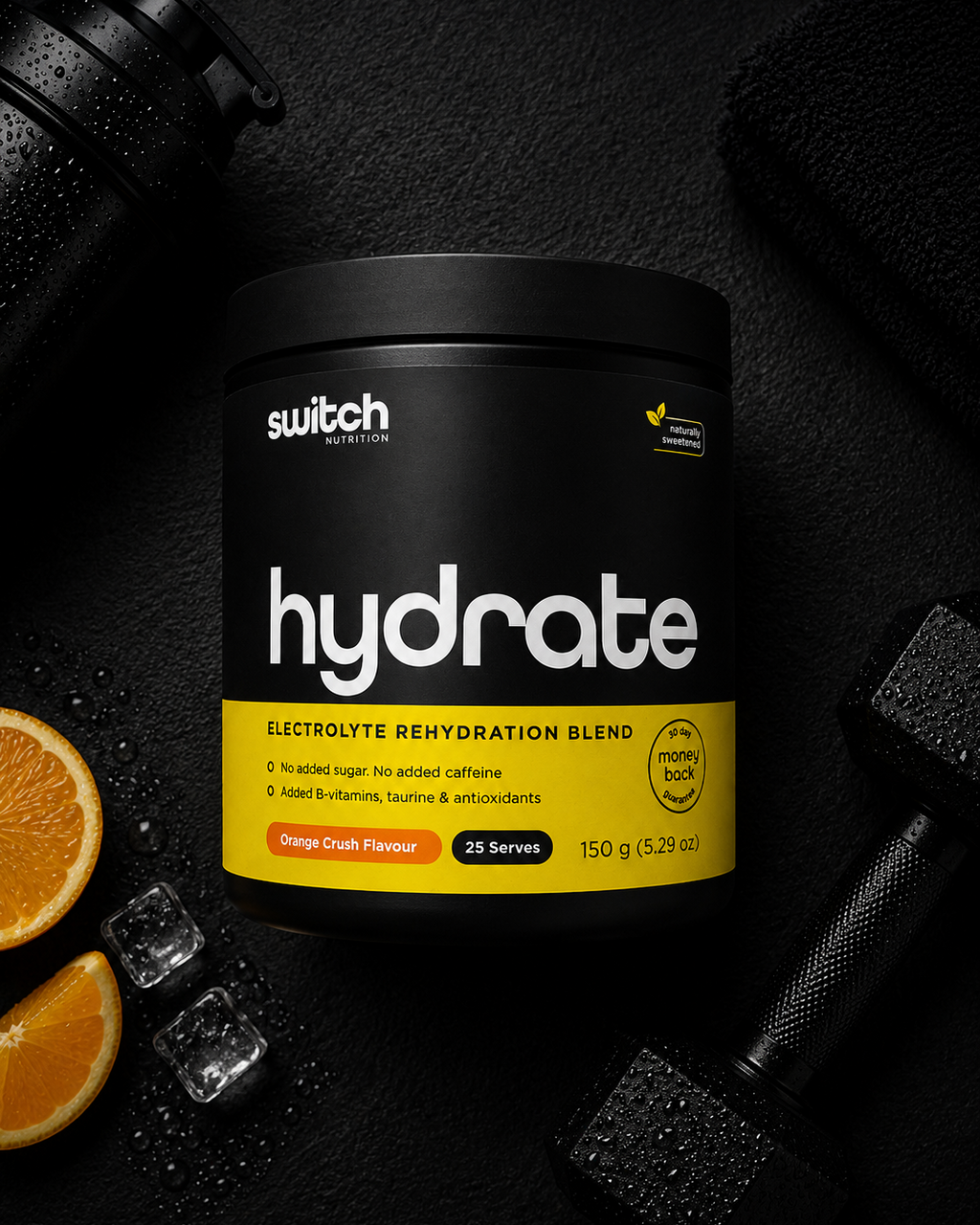 Container of 'switch nutrition' hydrate electrolyte rehydration blend on a dark background with oranges and ice cubes.