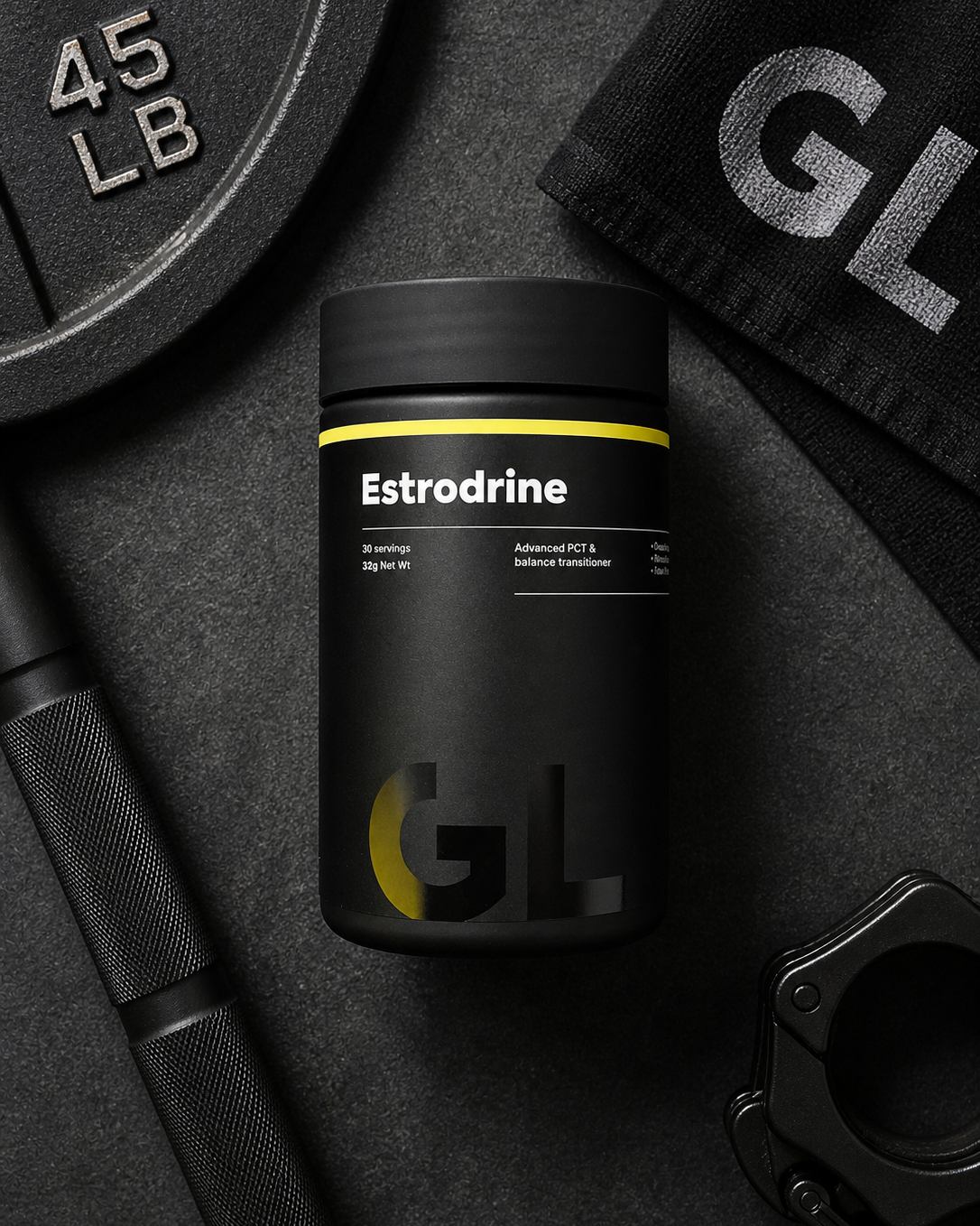 Black supplement container labeled 'Estrodrine' with a gym weight and towel in the background.