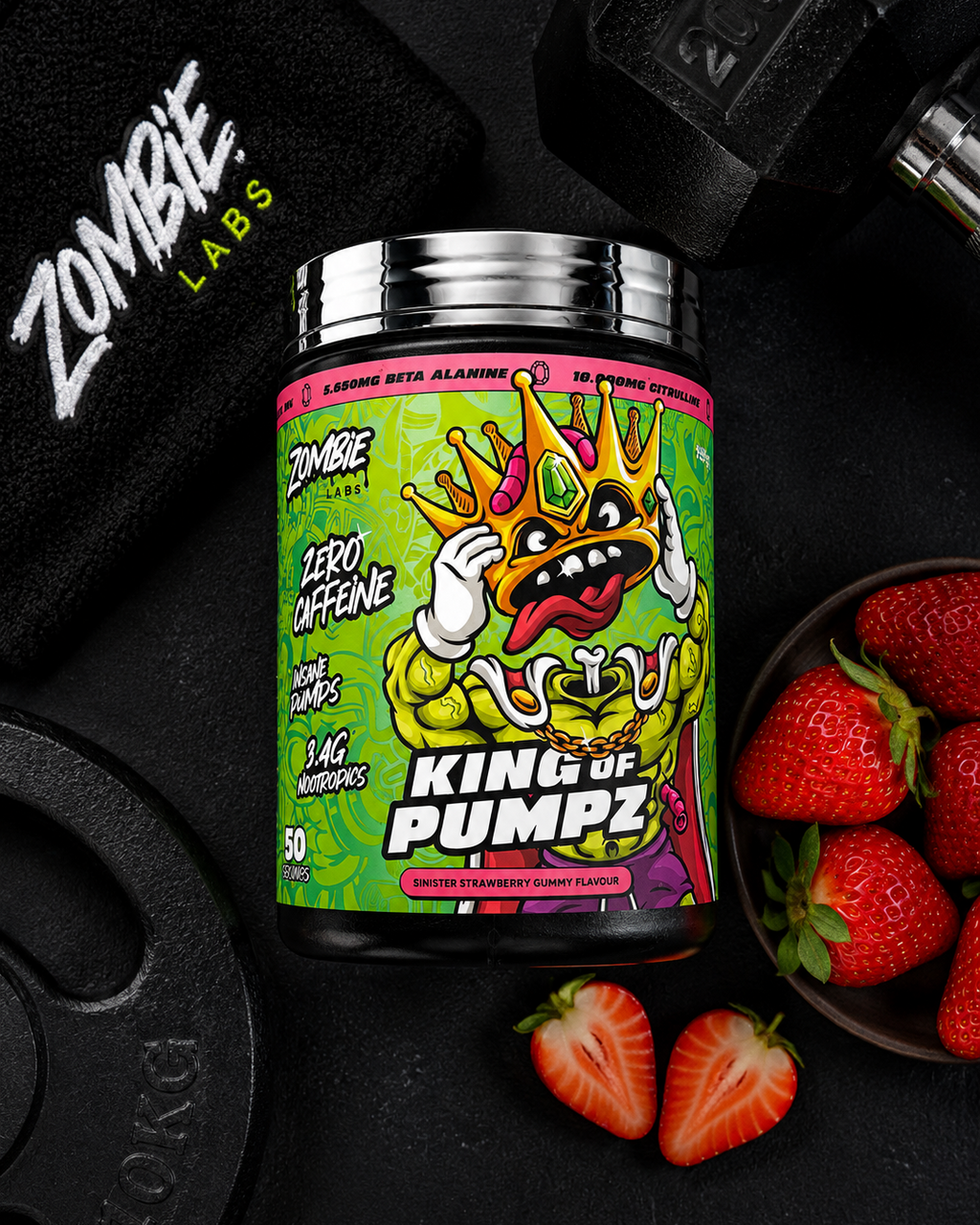 Supplement container labeled 'King of Pumpz' from Zombie Labs with strawberries on a dark background