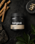 Tongkat Ali supplement container with ingredients on a dark background