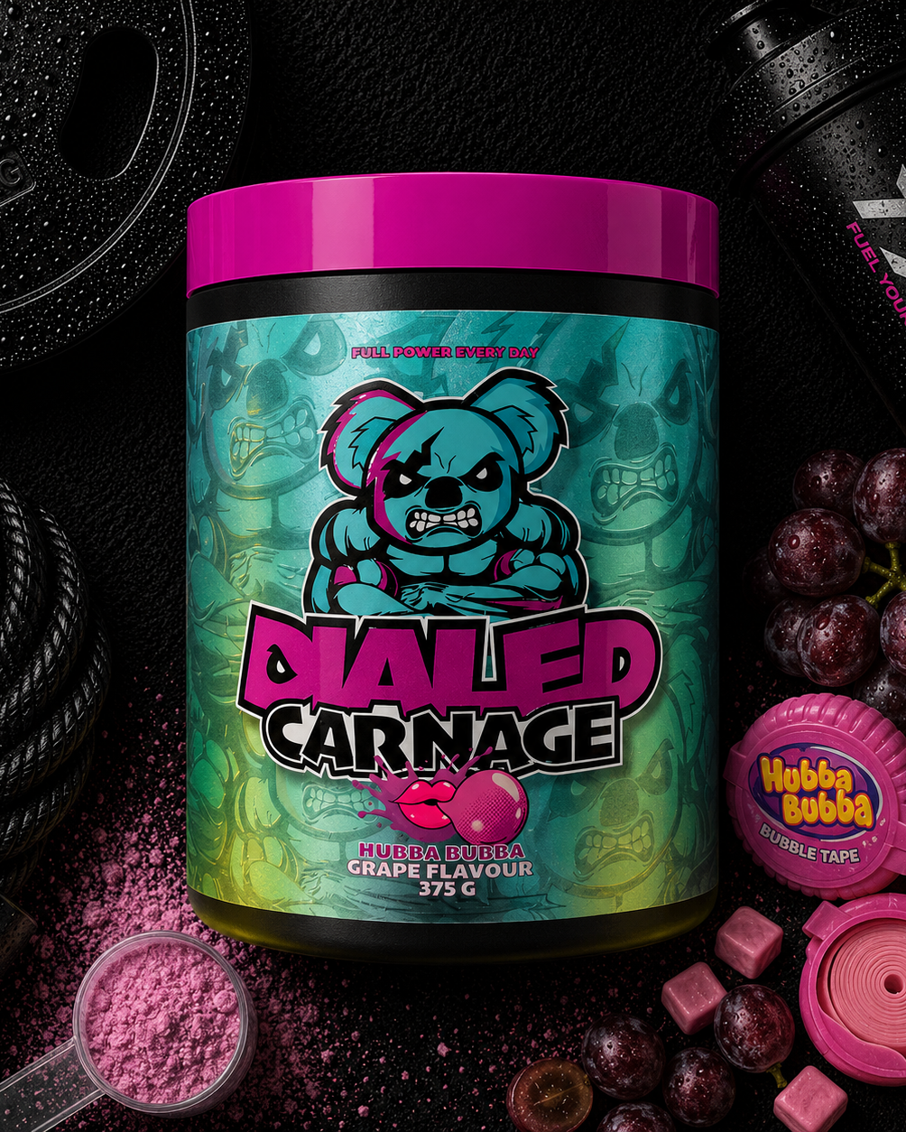Supplement container with colorful label featuring a bear graphic and text, surrounded by grapes and a scoop of powder.