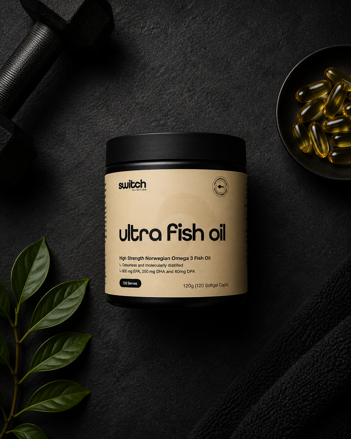 Container of ultra fish oil with capsules on a dark surface