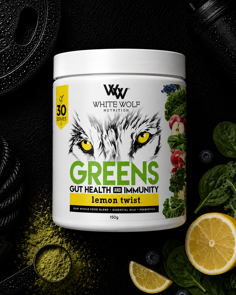 White Wolf Nutrition Greens supplement container with lemon, pomegranate, and other fruits and vegetables on a dark background.