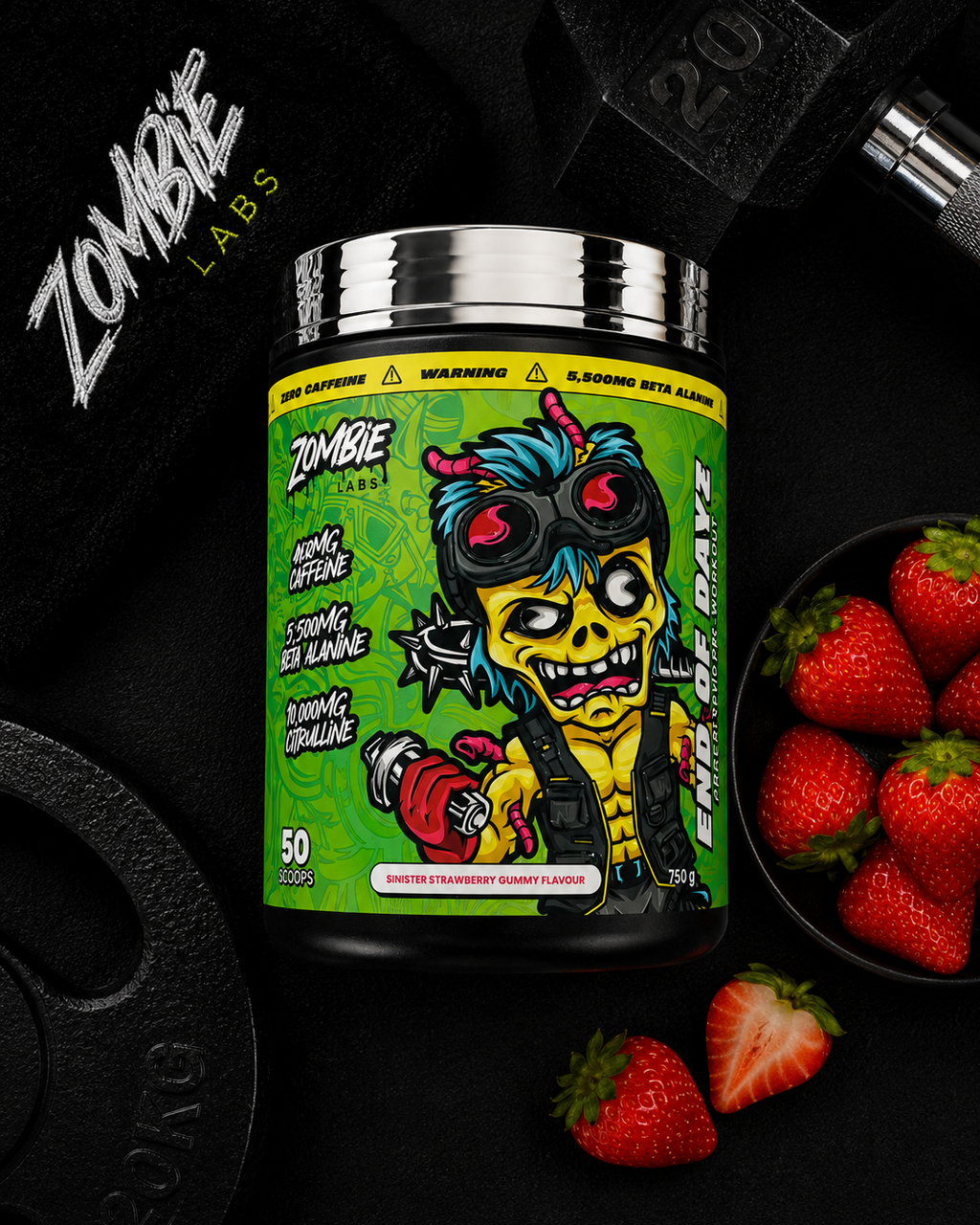 Zombie Labs supplement container with colorful label featuring a cartoon zombie character, surrounded by strawberries on a dark background.