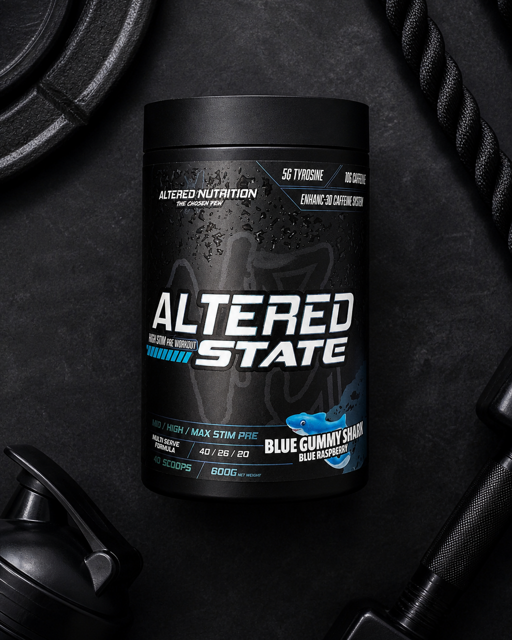 Black container of Altered State pre-workout supplement on a dark surface