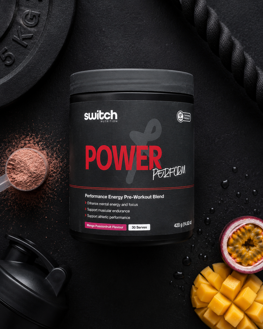 Switch Nutrition Power Performance Energy Pre-Workout Blend container on a dark background with supplements and fruit.