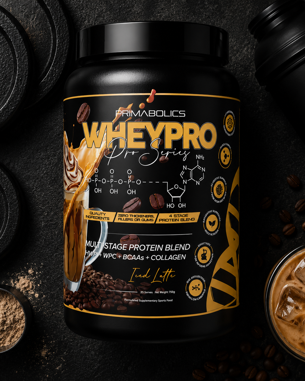 Whey protein supplement container with coffee-themed design on a dark background with gym equipment.