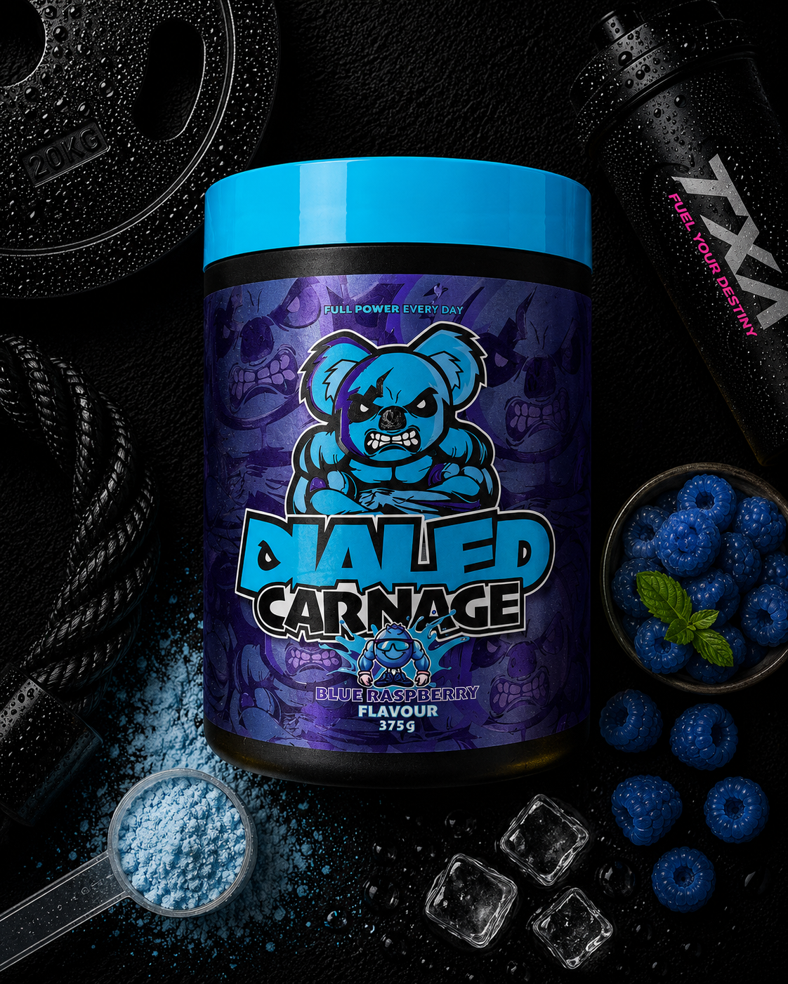 Supplement container labeled 'Dialed Carnage' with blue and purple design, surrounded by berries and ice cubes.