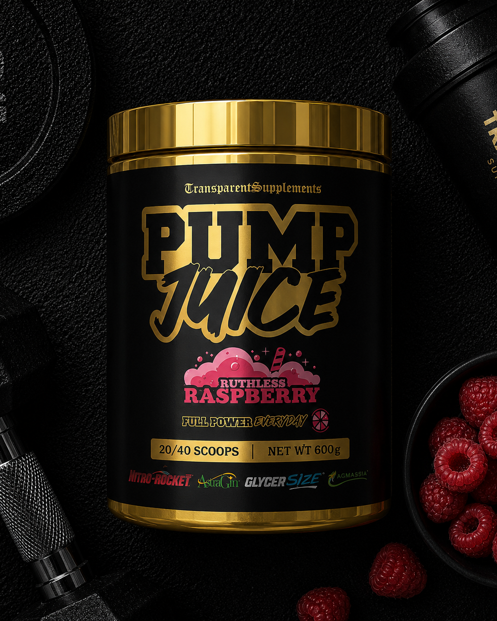 Pump Juice supplement container with raspberries on a dark background