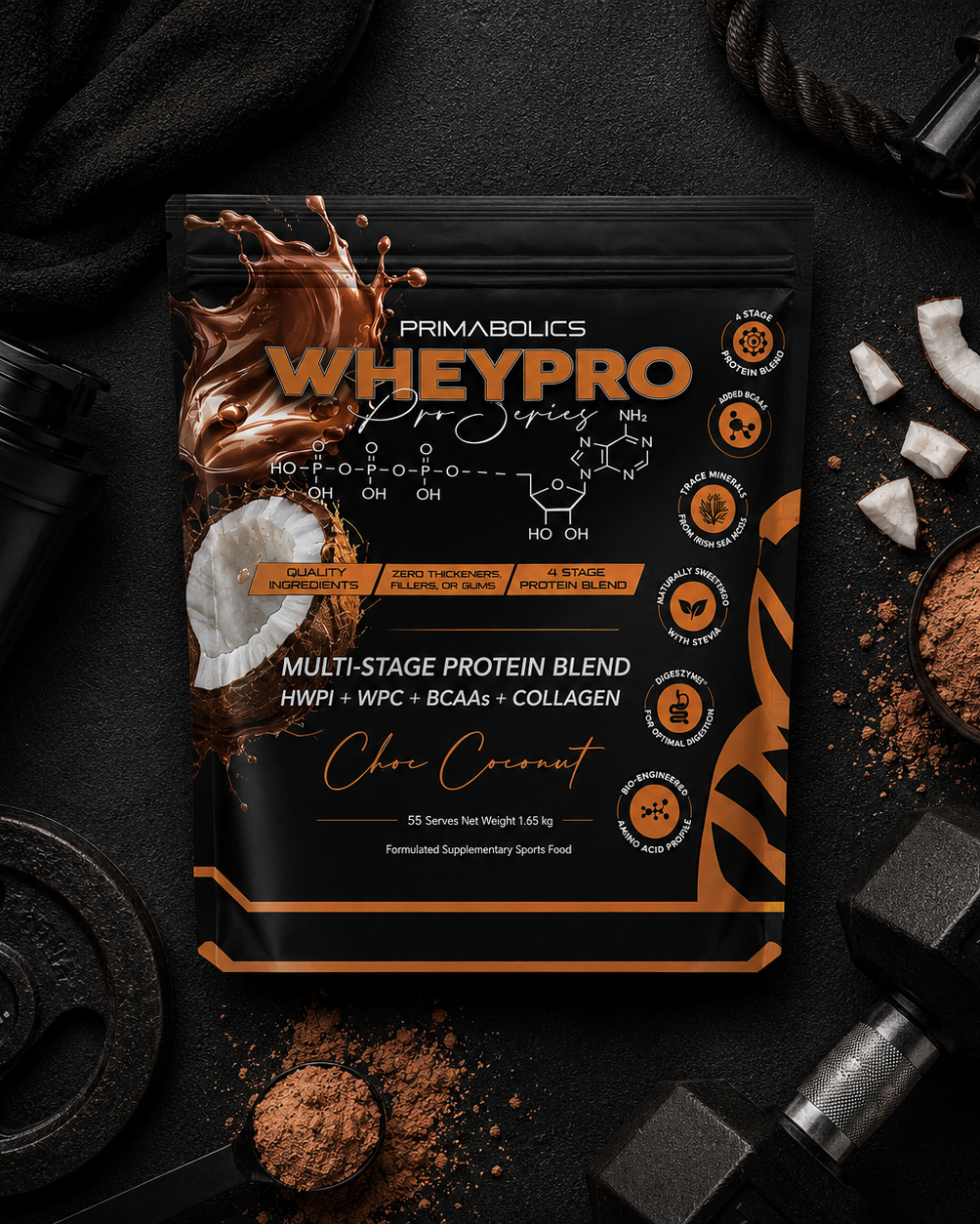 PrimaBolics WheyPro protein powder package on a dark surface with supplements and gym equipment.