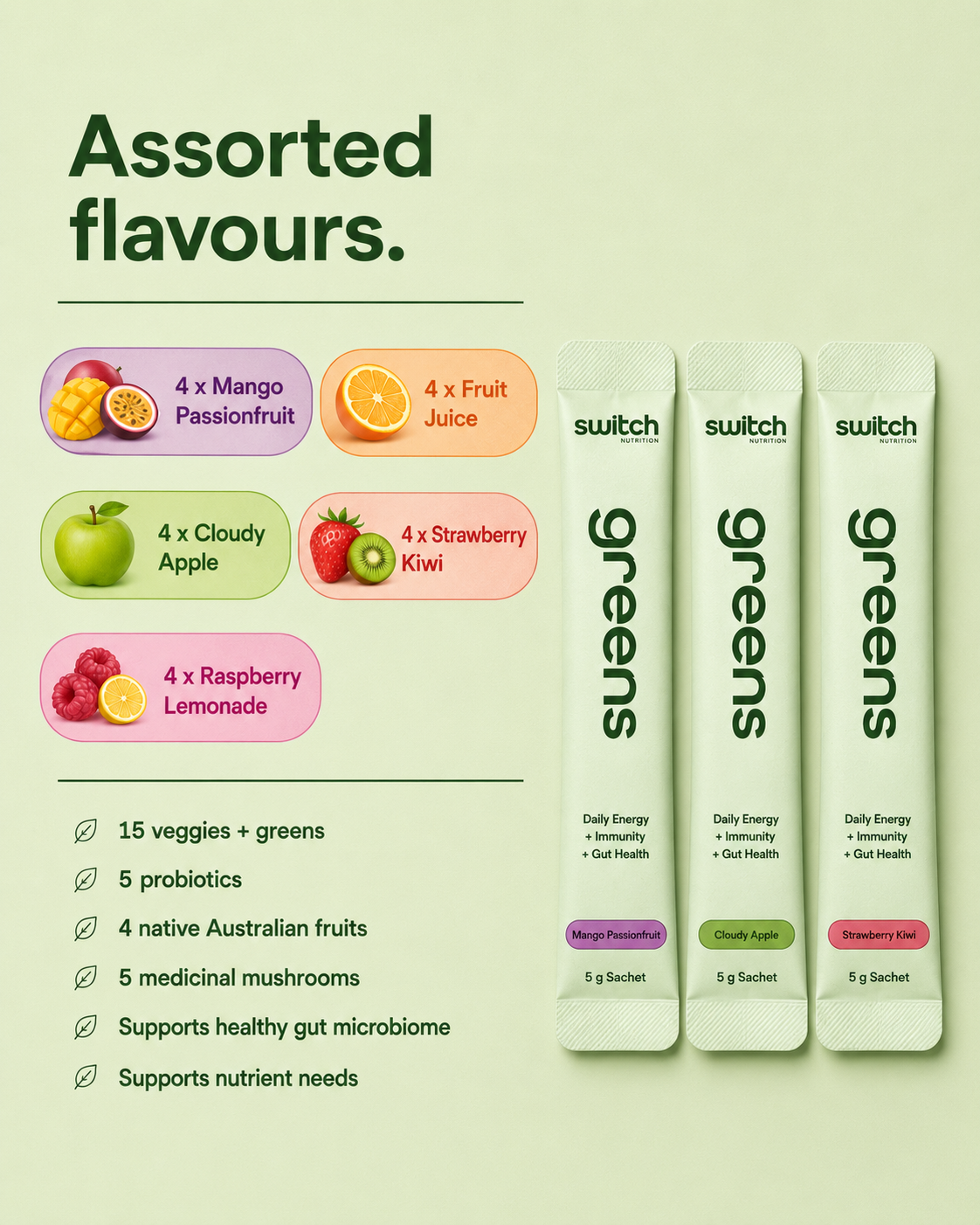 Assorted flavors of greens packets with images and text on a light green background