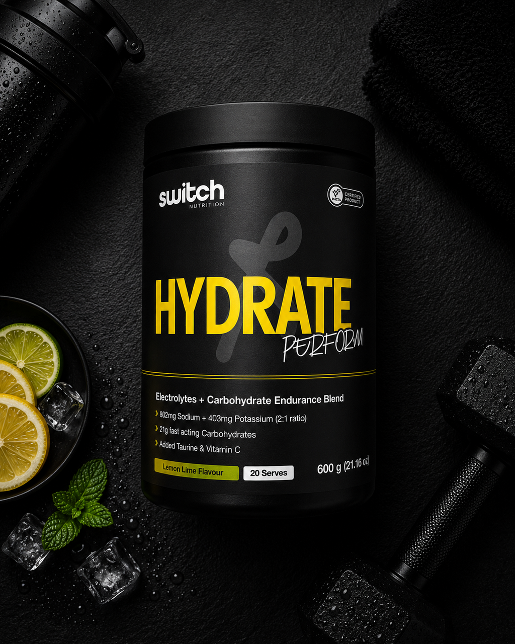 Black supplement container labeled 'Hydrate' with lemon slices and ice cubes on a dark background