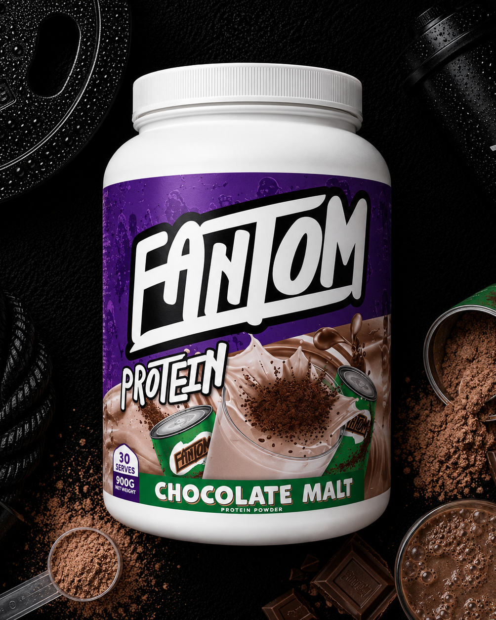 Fantom Protein Chocolate Malt powder container with chocolate elements on a dark background