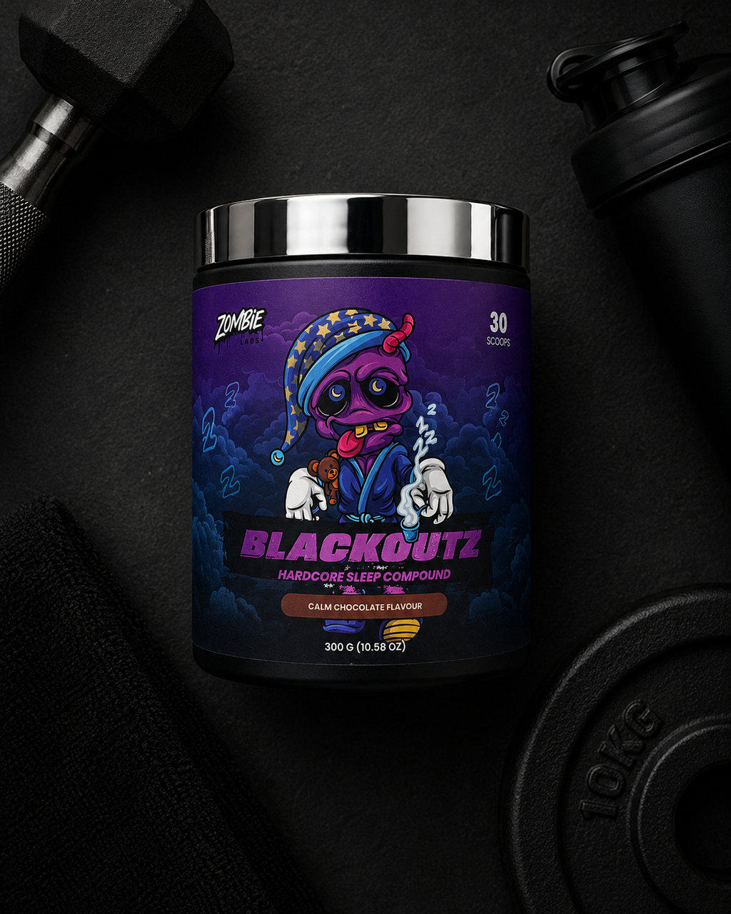 Container of 'Blackoutz' hardcore sleep compound with a dark background