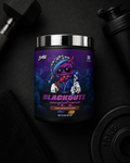 Container of 'Blackoutz' hardcore sleep compound with a dark background
