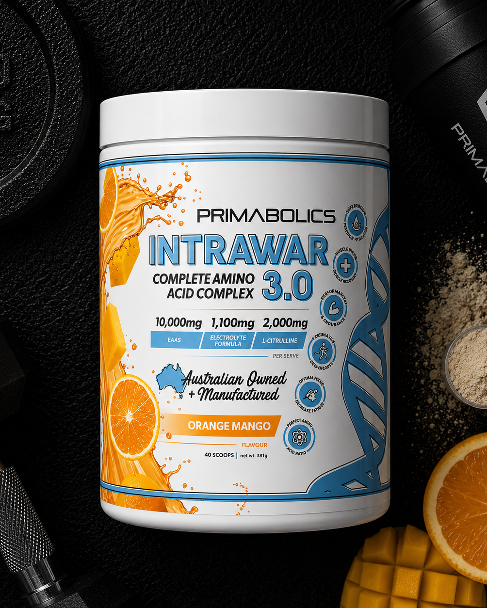 Primabolics Intrawar Complete Amino Acid Complex 3.0 supplement container with oranges and mangoes on a dark background.