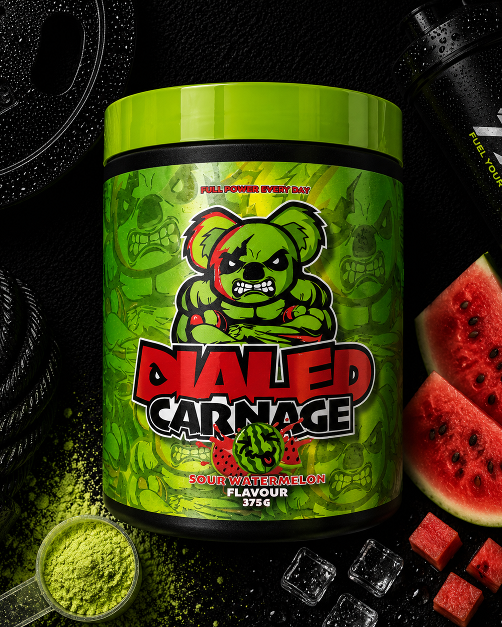 Green supplement container labeled 'Dialed Carnage' with watermelon slices and scoop on a dark background