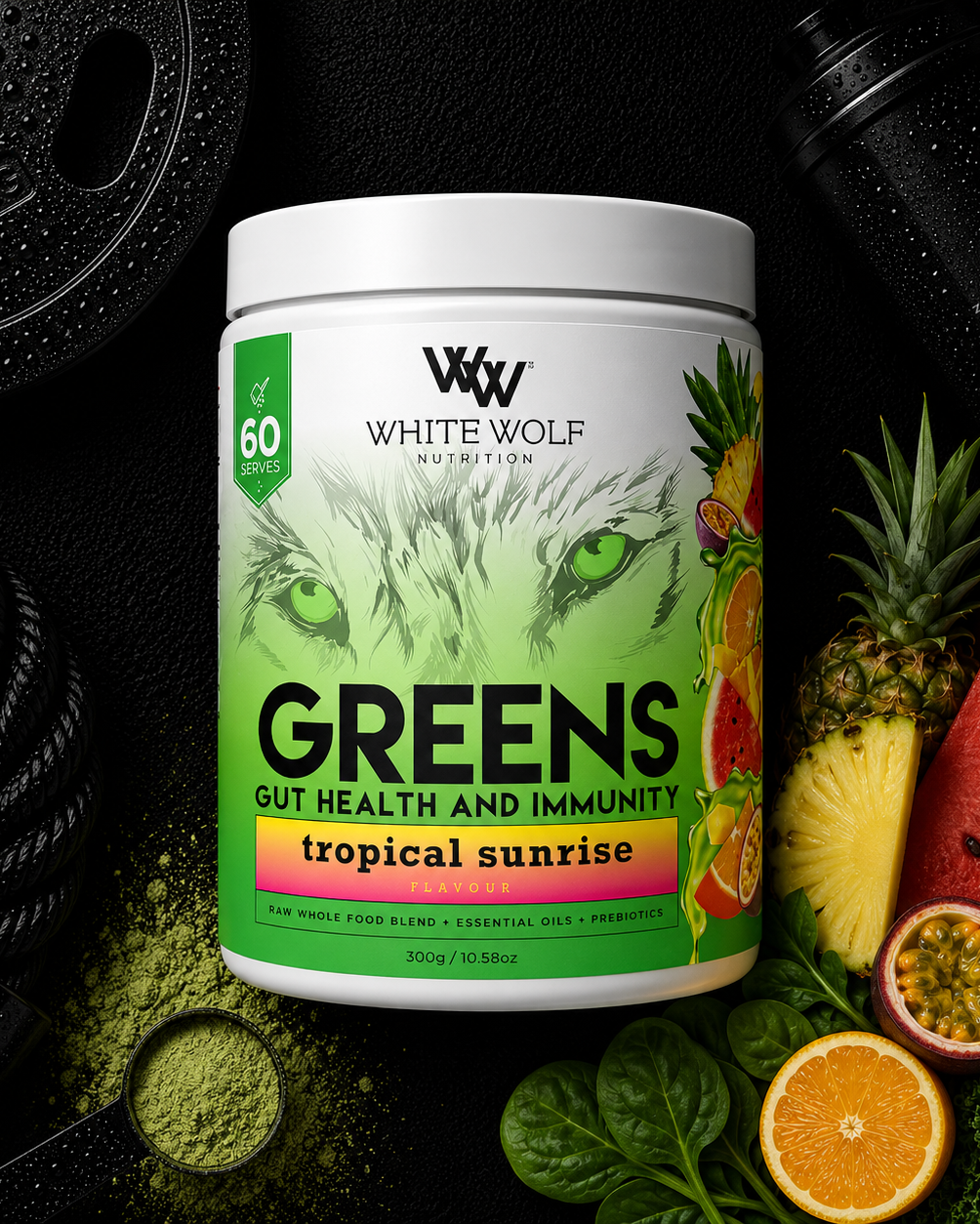White Wolf Nutrition Greens supplement container with tropical fruits and gym equipment in the background