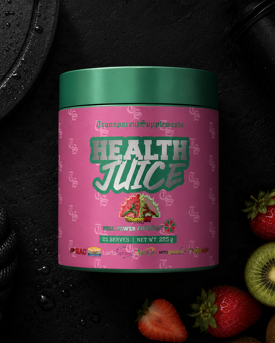 Container labeled 'Health Juice' with fruits and a weight on a dark background