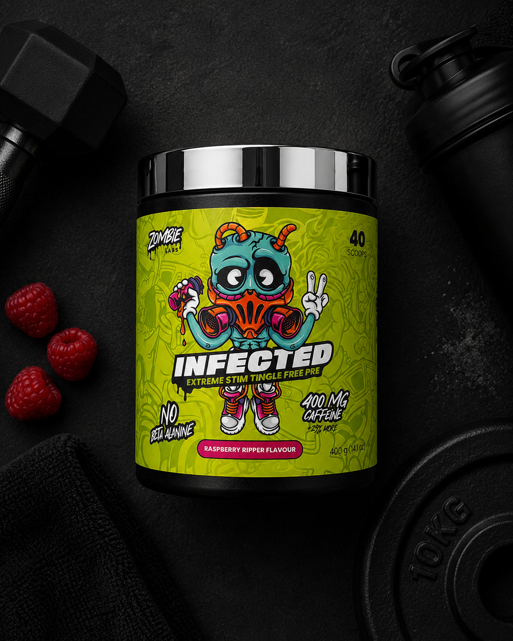 Supplement container with colorful label featuring a cartoon character on a dark background.