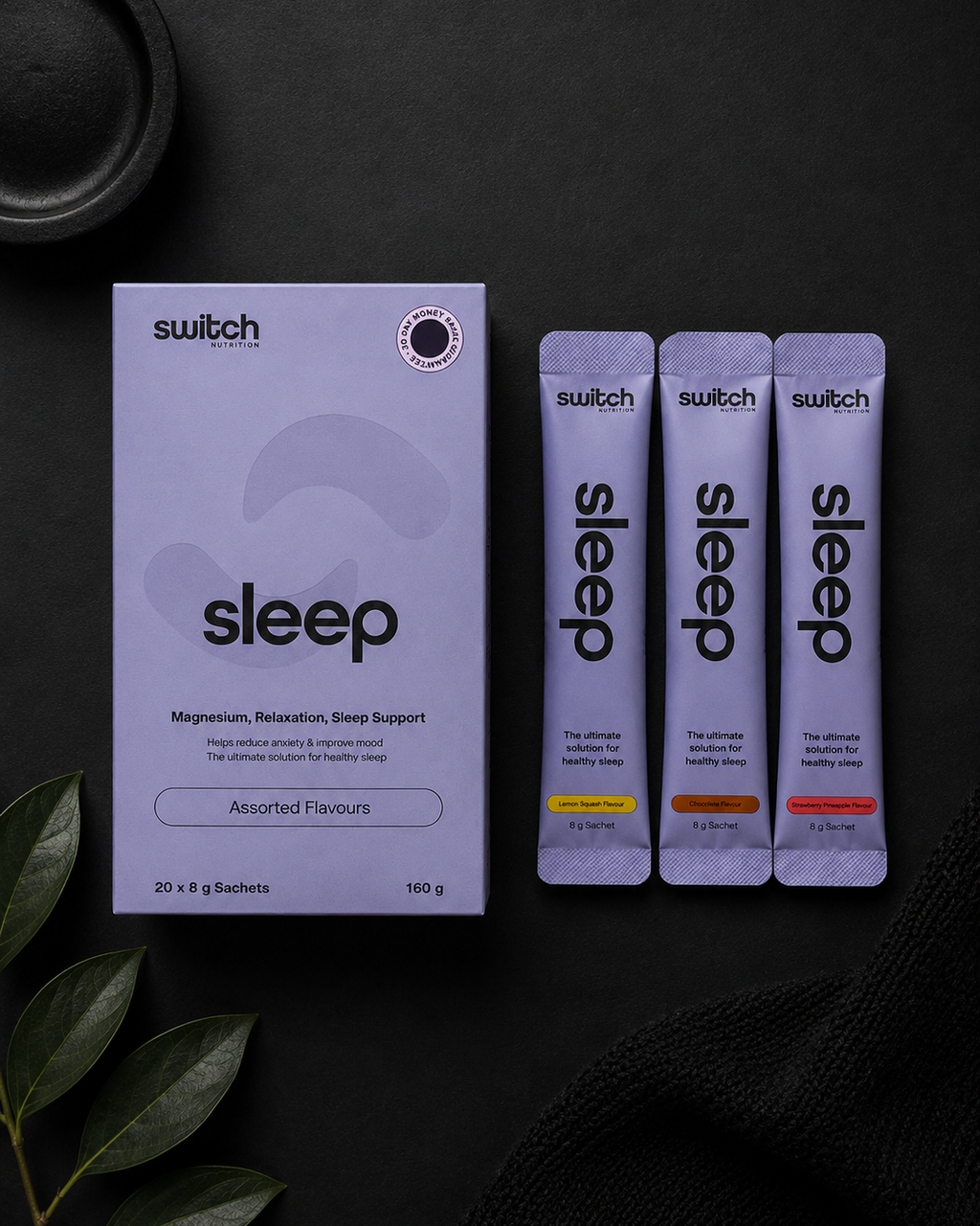 Switch sleep supplement packaging on a dark background