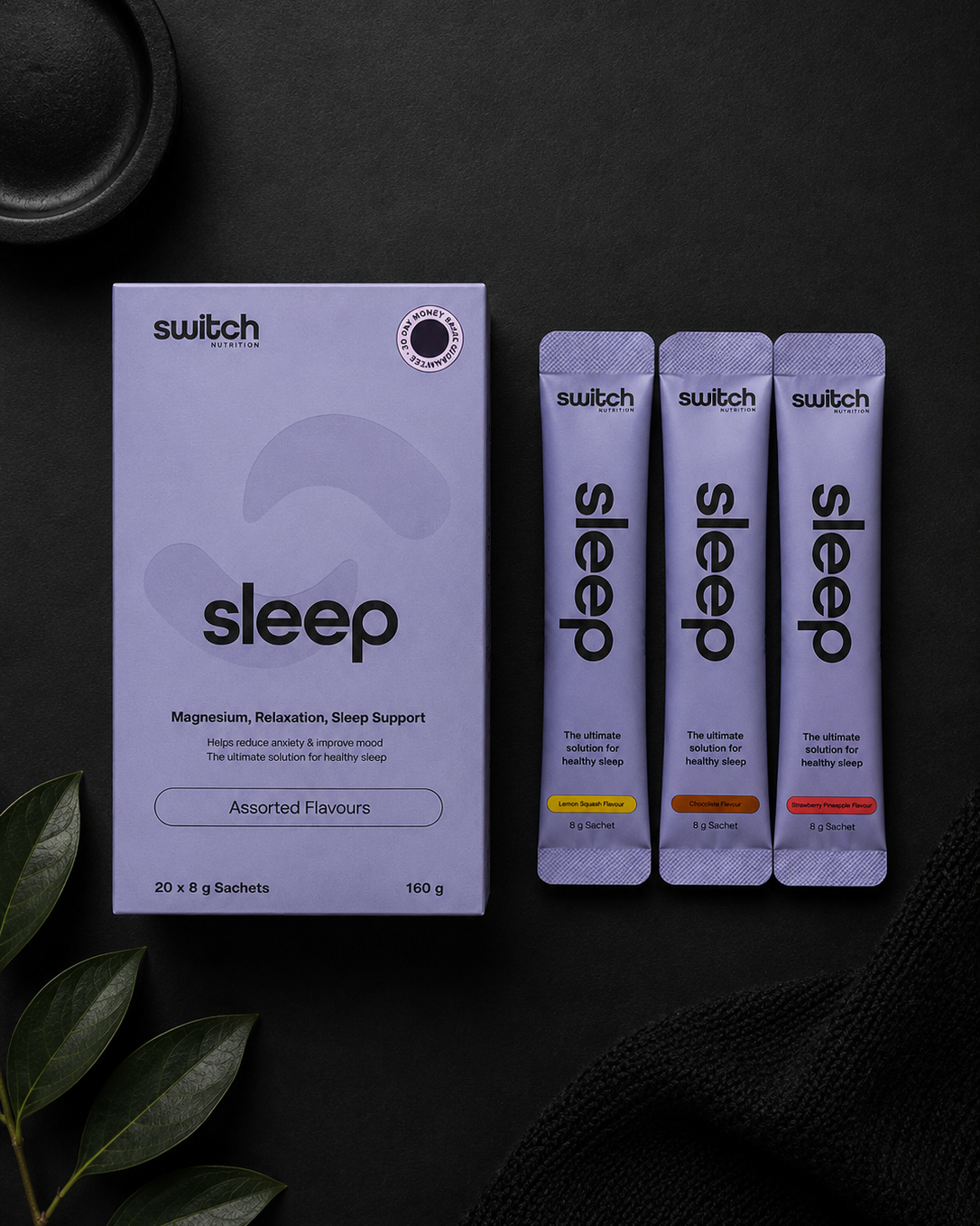 Switch sleep supplement packaging on a dark background