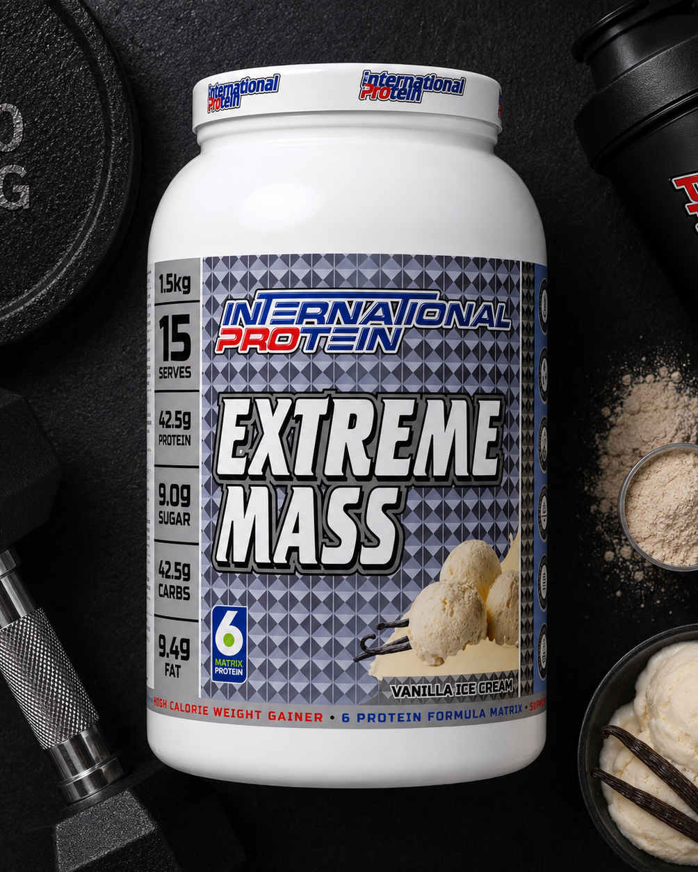 International Protein Extreme Mass supplement container with gym equipment and protein powder on a dark background