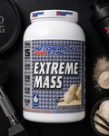 International Protein Extreme Mass supplement container with gym equipment and protein powder on a dark background
