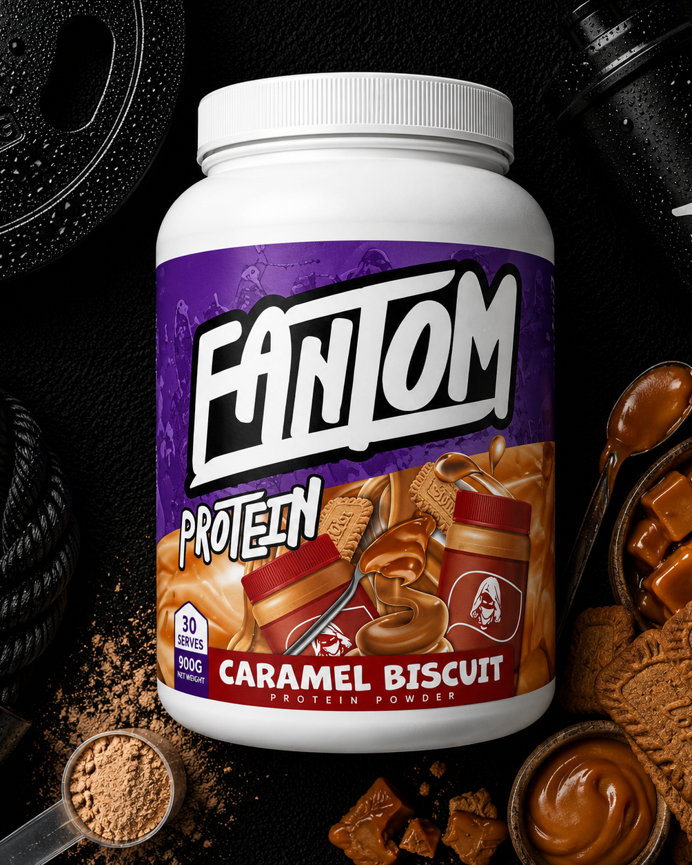 Fantom Protein Caramel Biscuit powder container with protein powder and cookies on a black background