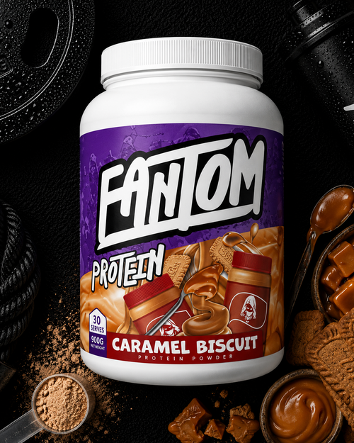 Fantom Protein Caramel Biscuit powder container with protein powder and cookies on a black background