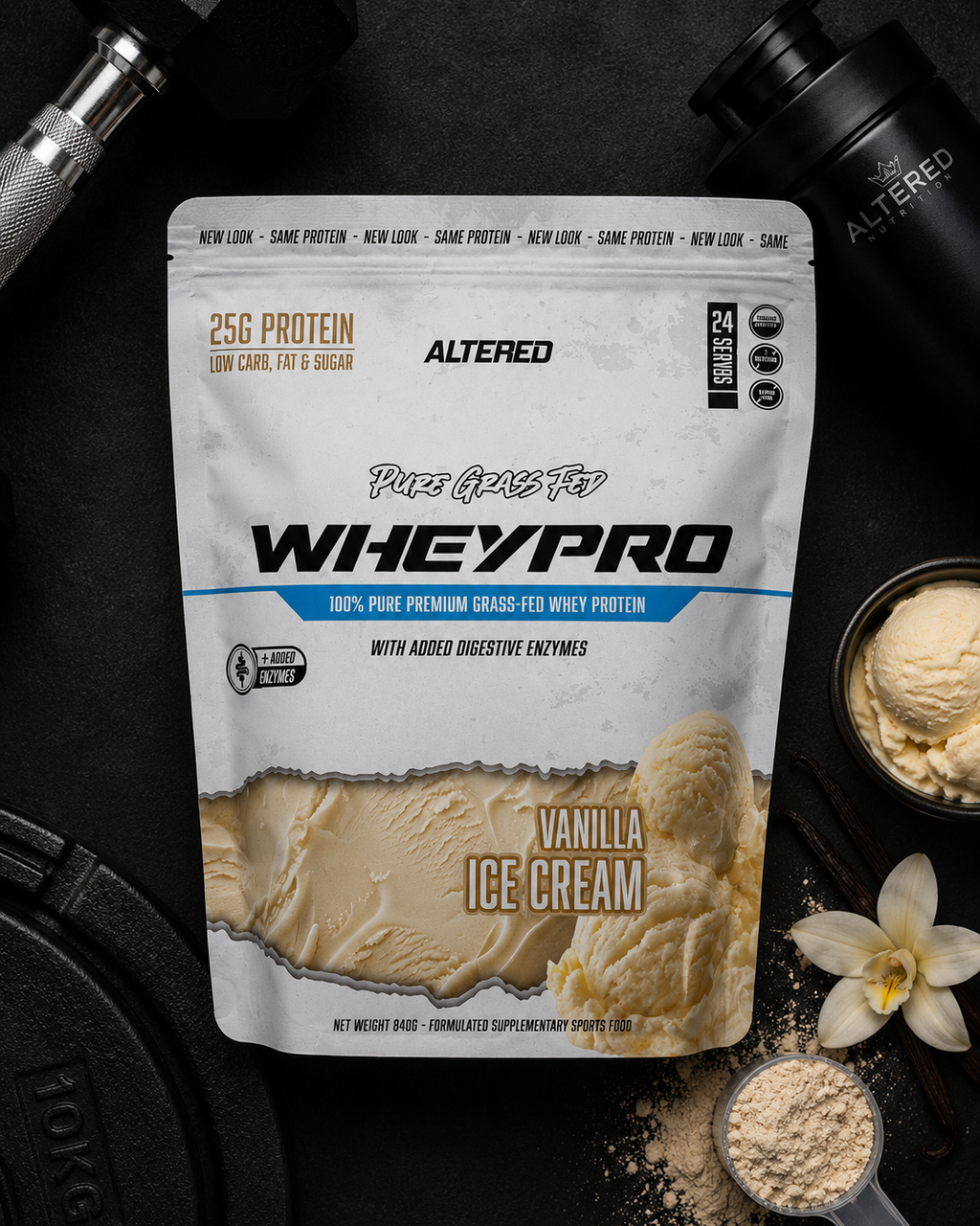 Whey protein package with vanilla ice cream flavor on a dark background
