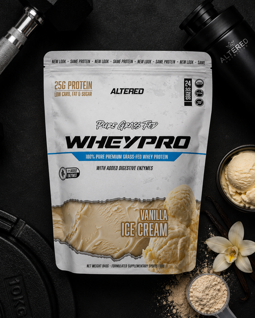 Whey protein package with vanilla ice cream flavor on a dark background