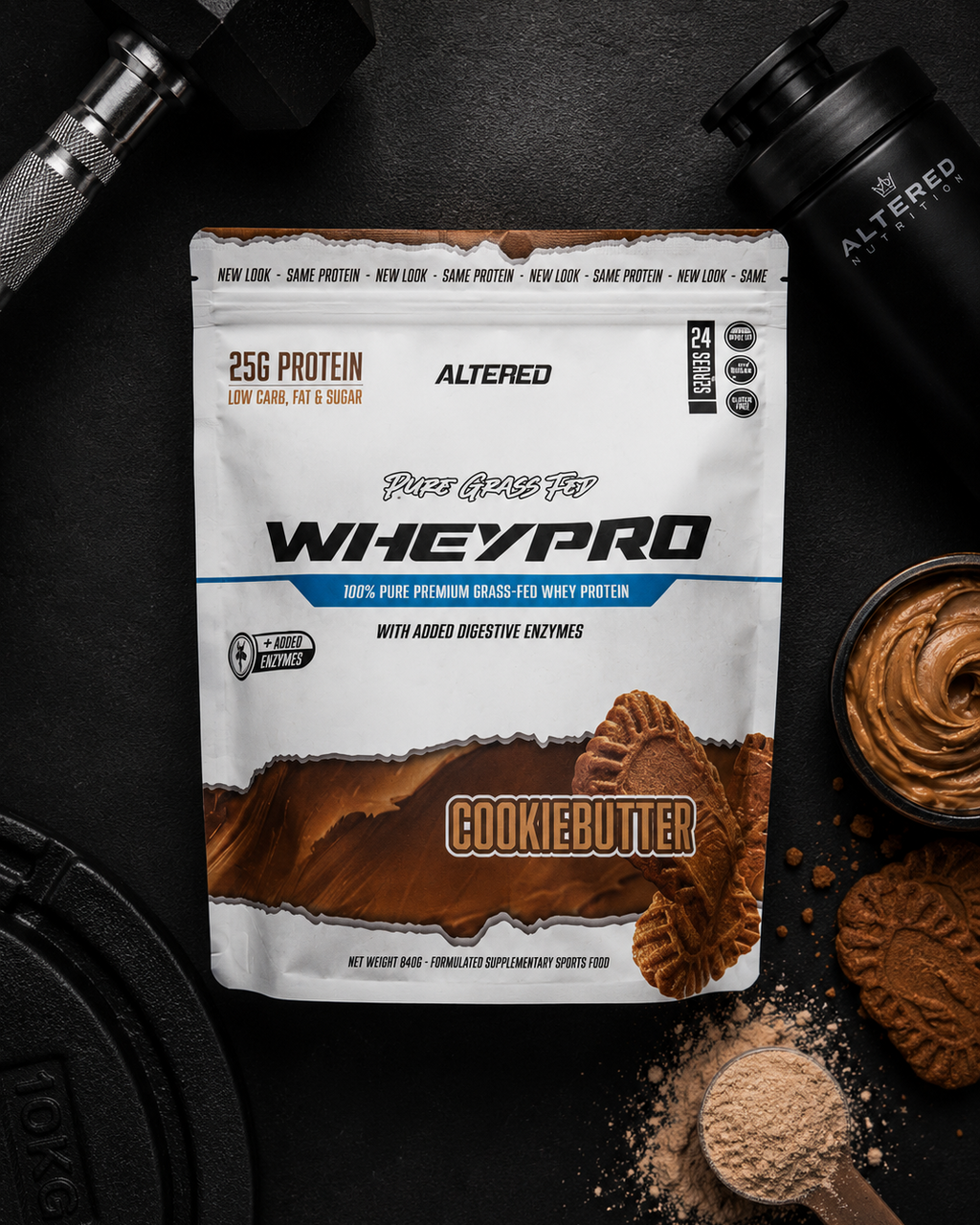 Whey protein package with cookie flavor on a dark background with supplements.