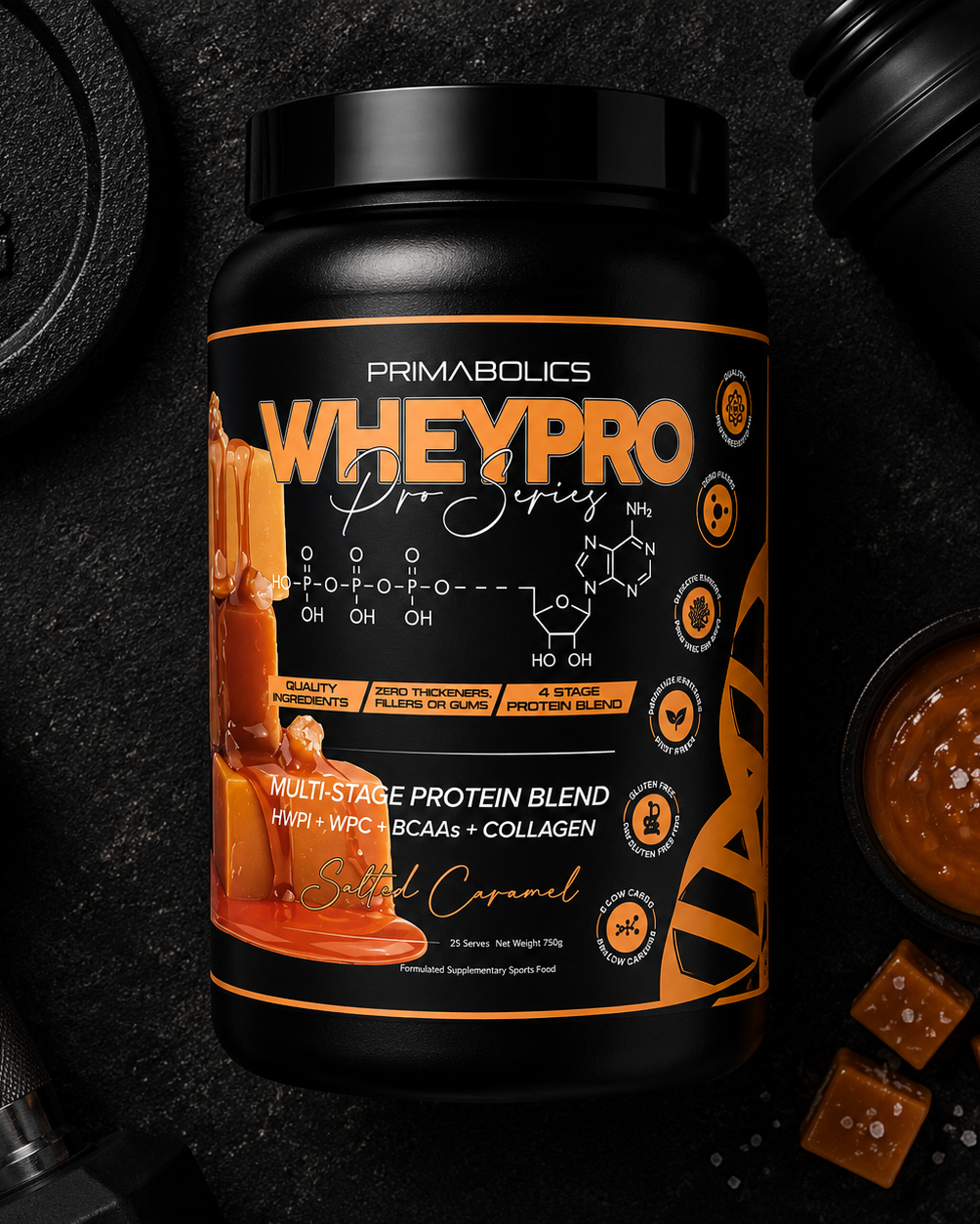 Black and orange Primabolics WheyPro protein supplement container on a dark background with fitness equipment.