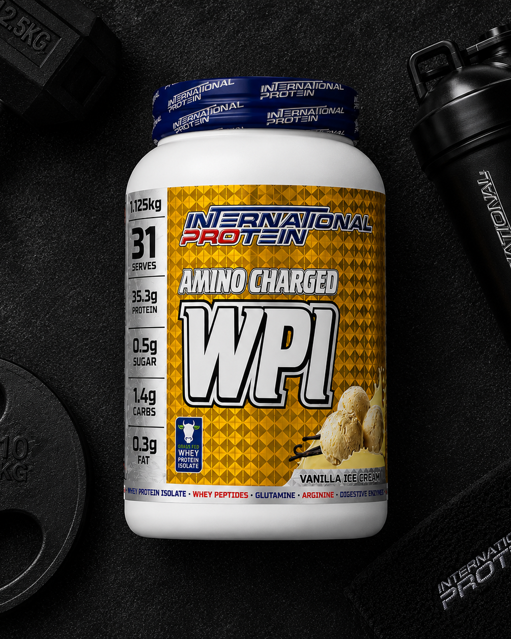 International Protein Amino Charged WPI supplement container with gym equipment on a dark background