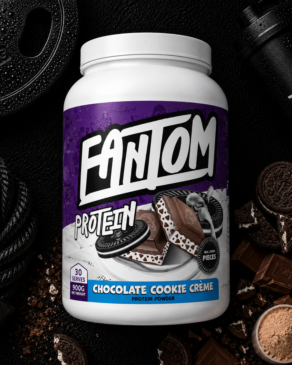 Fantom Protein powder container with chocolate cookie crème flavor on a dark background with protein-related items.