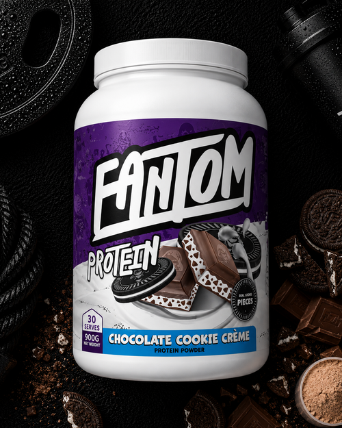 Fantom Protein powder container with chocolate cookie crème flavor on a dark background with protein-related items.