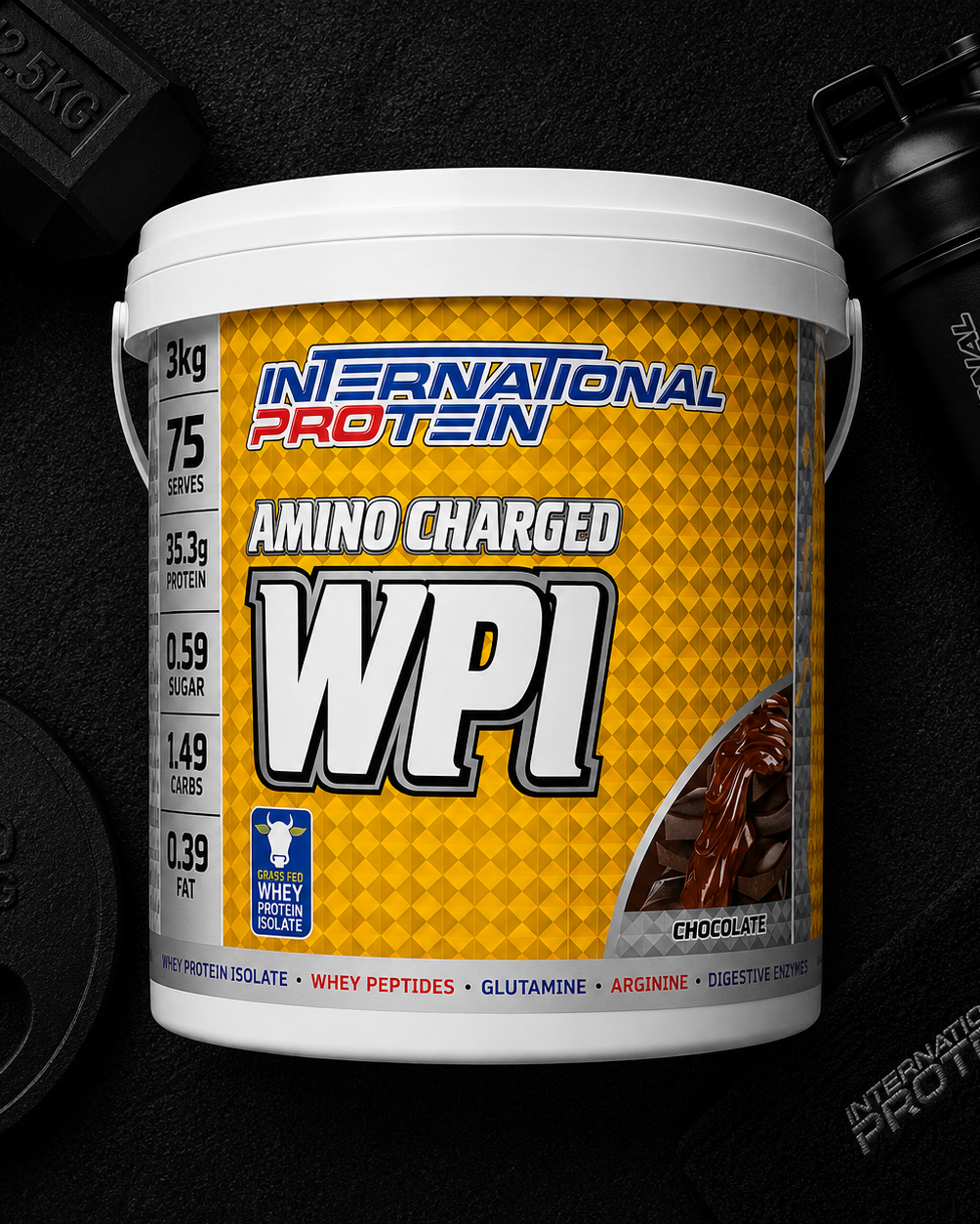 International Protein Amino Charged WPI supplement container on a dark background