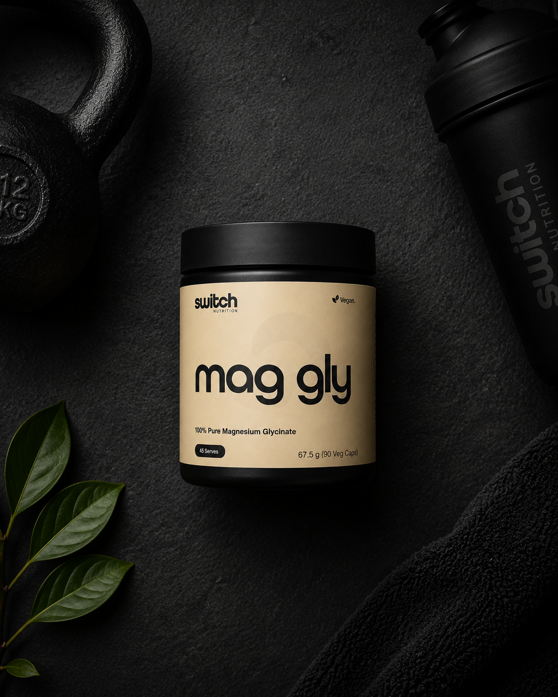 Container of 'mag gly' supplement with 'switch' branding on a dark background