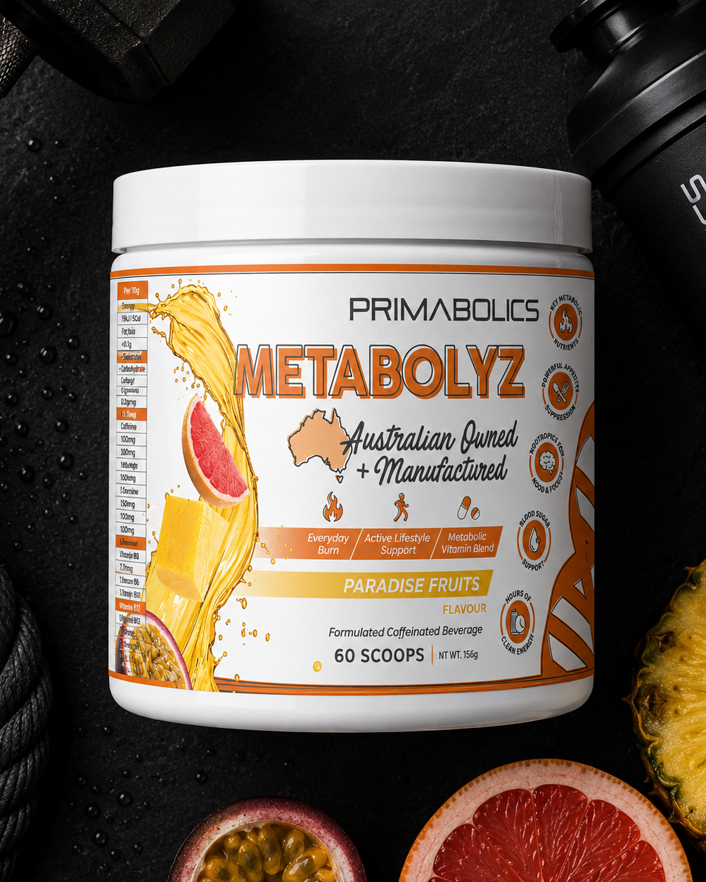 Primabolics Metabolyz supplement container with ingredients on a dark background