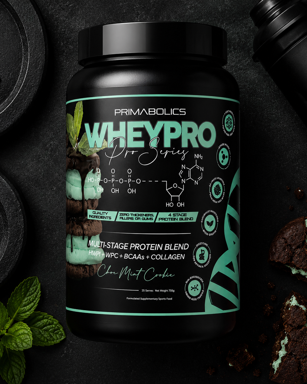 Primabolics WheyPro protein supplement bottle with gym equipment and cookies on a dark background