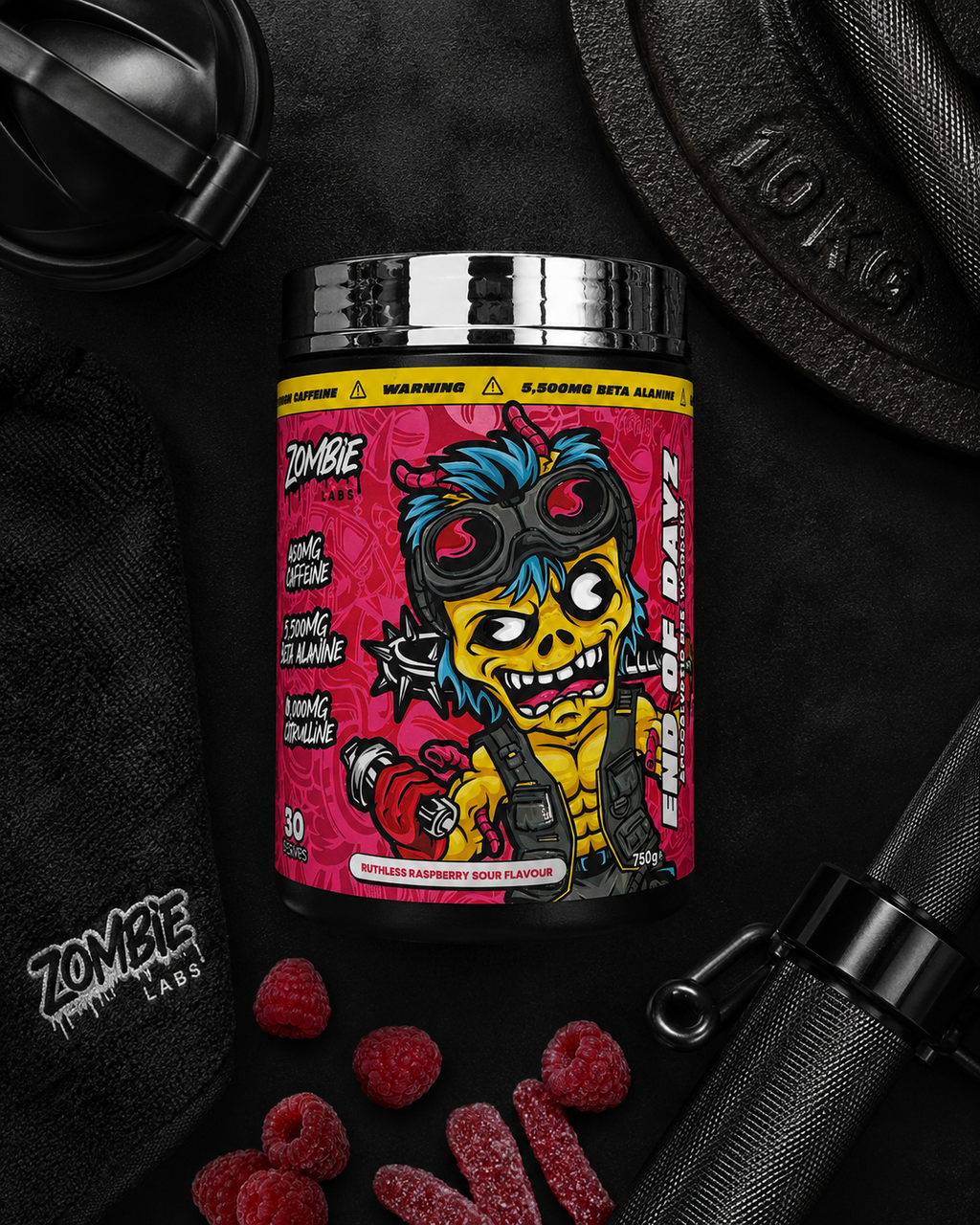 Supplement container with colorful label featuring a cartoon character on a dark background