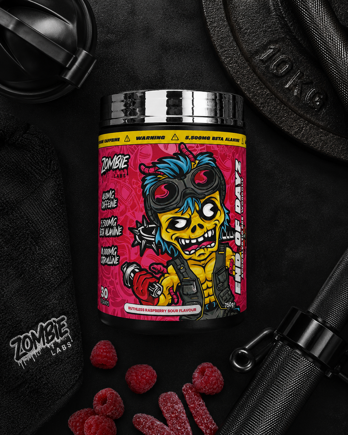 Supplement container with colorful label featuring a cartoon character on a dark background