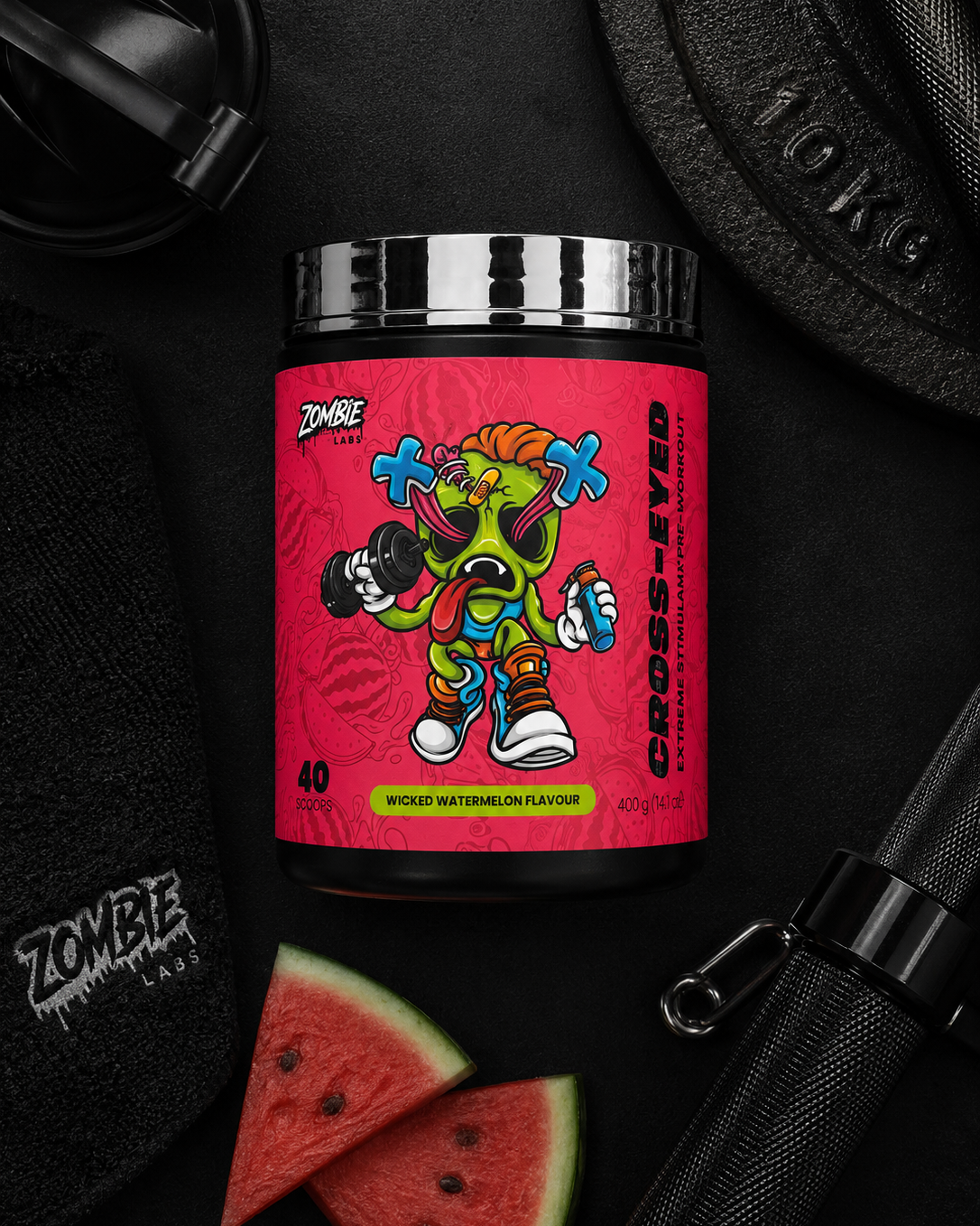 Supplement container with colorful label featuring a cartoon character on a black background with watermelon slices.