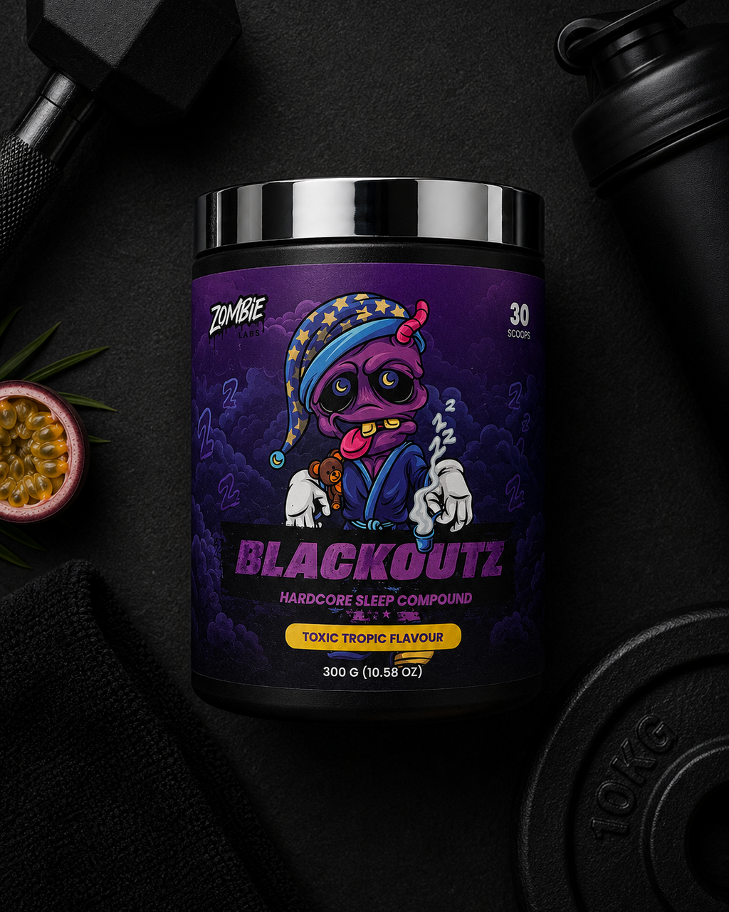 Blackoutz hardcore sleep compound container with colorful label on a dark background