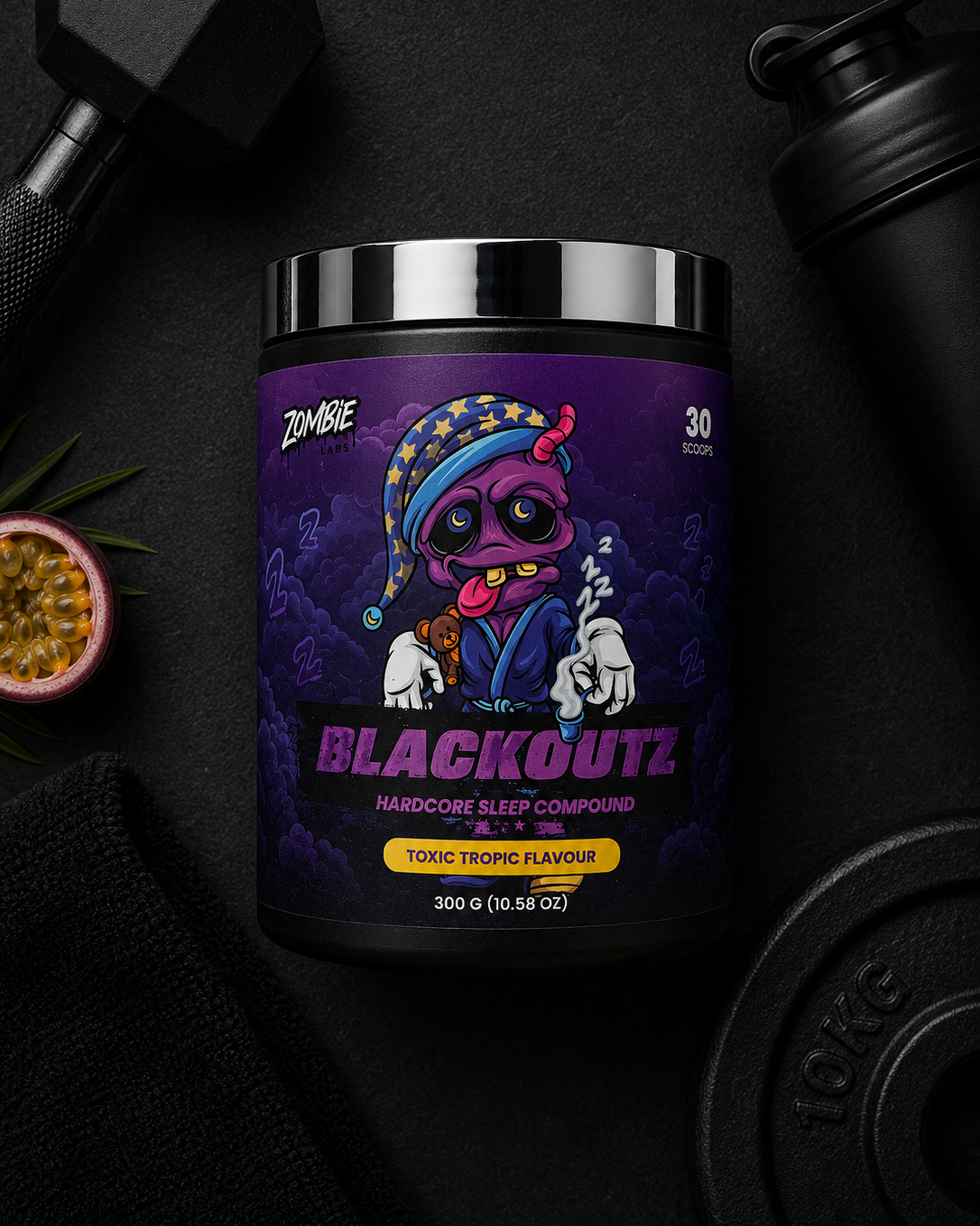 Blackoutz hardcore sleep compound container with colorful label on a dark background