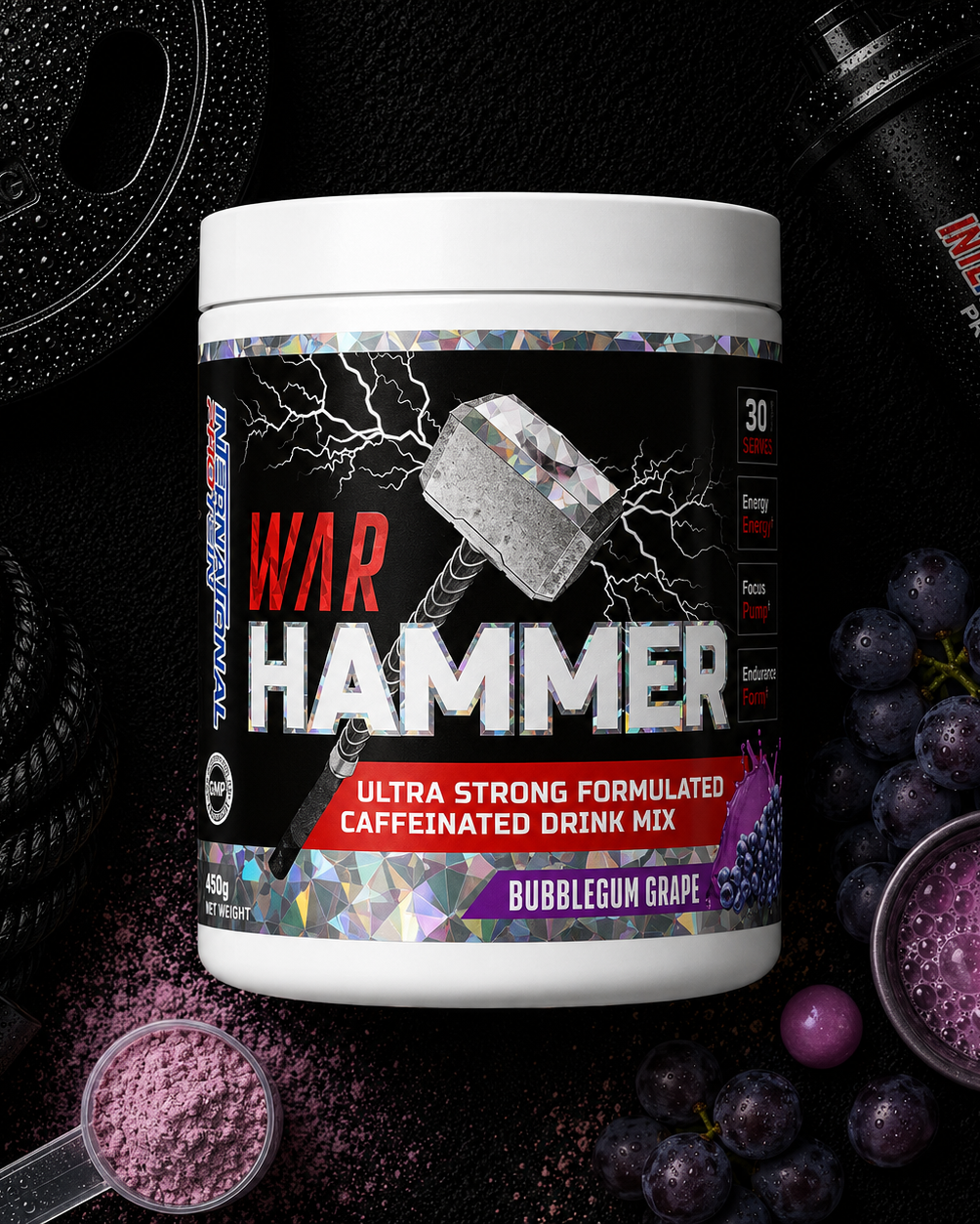 War Hammer caffeine drink mix container with purple grapes and powder on a dark background