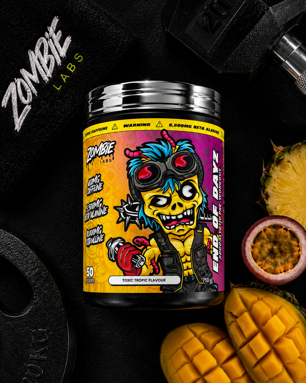 Zombie Labs supplement container with tropical fruit and weights on a dark background