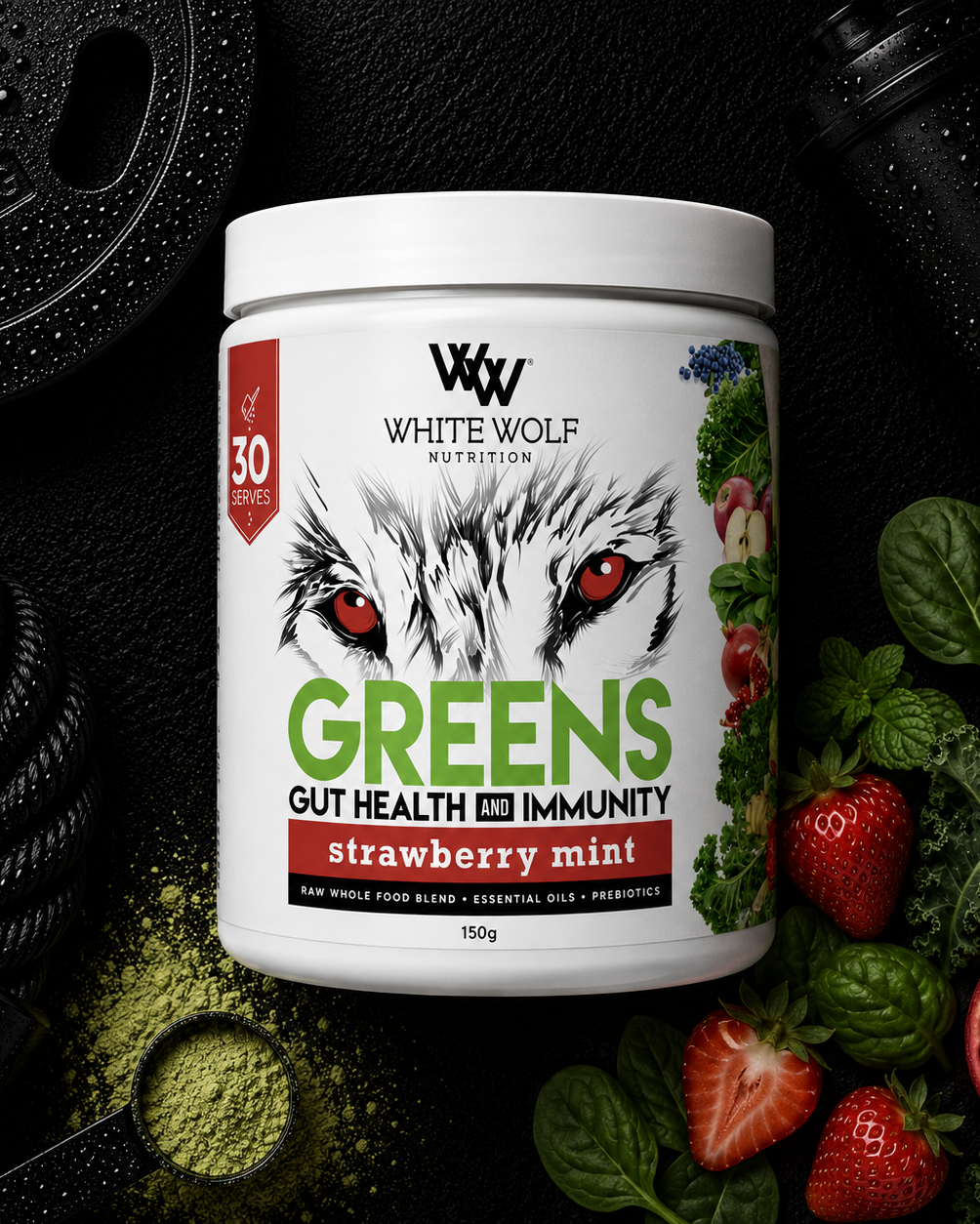White Wolf Nutrition Greens supplement container with ingredients on a dark background