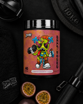 Supplement container with colorful label featuring a cartoon character on a dark background